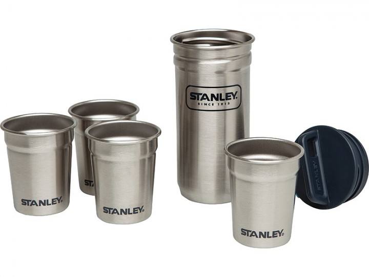 Stanley Steel Shot Glass Set, 4 Becher, je 59 ml, 18/8 Edelstahl, Kunststoffdeckel, Anhängeöse