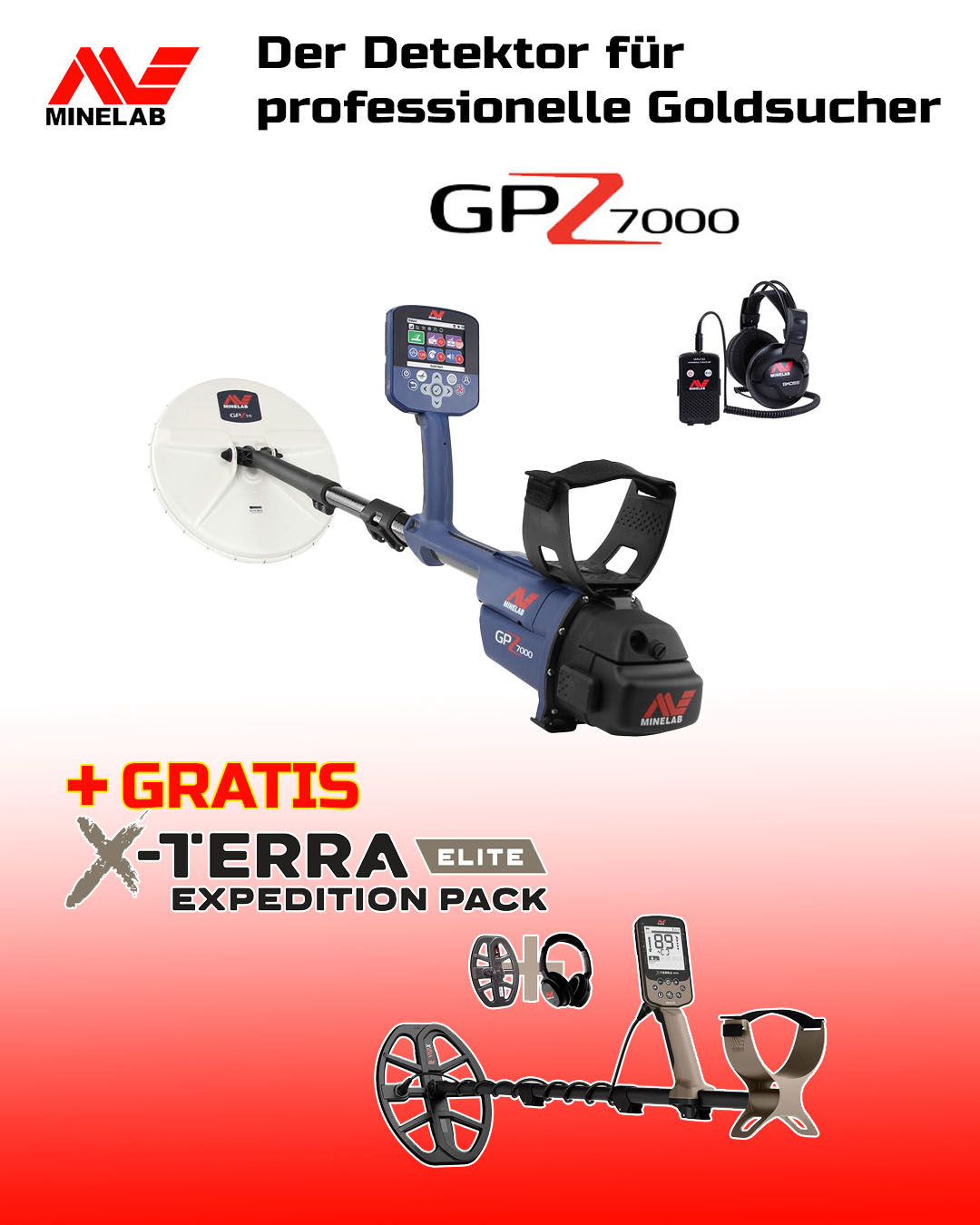 MINELAB GPZ 7000 ZVT Pro Gold Detektor / mit gratis Metalldetektor X-Terra Elite Expedition Pack