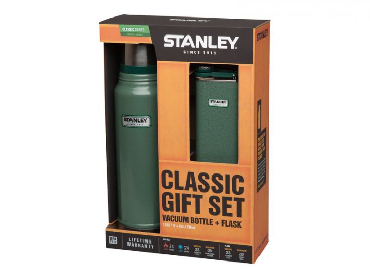 Stanley, Classic Gift Set, Vakuum Flasche+Taschenflasche 18/8 Edelstahl, Hammerschlag grün, Vakuum-Isolation